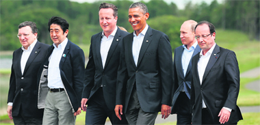 Japanese PM Shinzo Abe, British PM David Cameron, US President Barack Obama, Russian President Vladimir Putin and French President Francois Hollande in Enniskillen, Northern Ireland, on Tuesday.