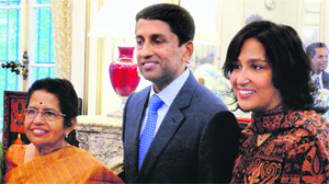 Srikanth Srinivasan with his mother and sister at a reception hosted by the Indian envoy to the US, Nirupama Rao, in Washington on Monday. 