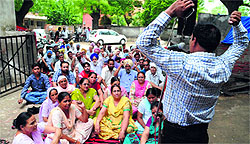 Protest path: Members of PWD Talmail Sangharsh Committee hold a dharna in Bathinda on Wednesday