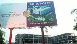 A board displayed at the Acropolis project site in the Industrial Area, Phase I, Chandigarh.