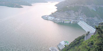 A view of the Tehri Dam  reservoir. 