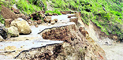 A road damaged in the Balvakot area of Pithoragarh district by landslides