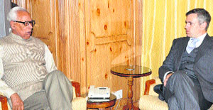 Governor NN Vohra and Chief Minister Omar Abdullah during a meeting at Raj Bhawan in Srinagar on Wednesday. 