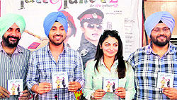 Diljit Dosanjh and Neeru Bajwa, the lead pair of the upcoming movie Jatt & Juliet 2, release the music of the film in Jalandhar on Wednesday