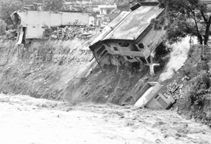 Houses damaged by a river at Balvakot in Pithoragarh district of Uttarakhand. 