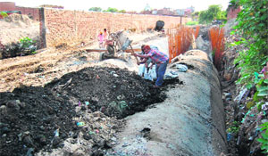 Municipal Corporation staff carry out the de-silting of the main water disposal passages at Gujjarpura in Amritsar on Wednesday.