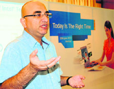 Sandeep Aurora, Director, Marketing and Market Development, Intel South Asia, addresses the media in Amritsar.  
