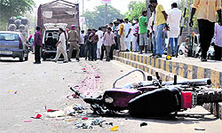 The mangled remains of the motorcycle that collided with a truck leaving its rider dead on the Barnala road in Bathinda on Thursday