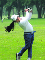 A golfer in action during the first tournament of the CGA Junior 2013 at the CGA Golf Range in Sector 3, Panchkula, on Thursday.