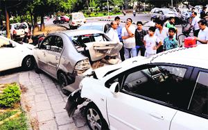 The car with a red beacon that was involved in a pile-up at Sector 11 in Chandigarh on Thursday. 