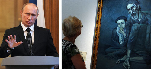 Vladimir Putin is pushing hard a policy to improve relations with old friends like India following his return to the Presidency in May, 2012; a visitor looks at Old Beggar with a Boy by Pablo Picasso displayed at Pushkin Fine Art State Museum Director in Moscow. Indians need to study and learn more about Russian society, art and culture. 