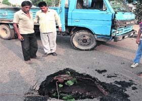 In deep trouble: The road that caved in near BMC Chowk in Jalandhar