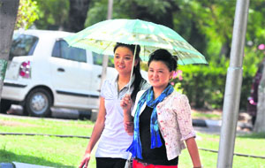 Students use umbrellas on a sunny day at the University of Jammu campus on Thursday.