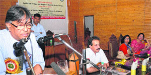 Vice-Chancellor of Kashmir University Prof Talat Ahmad speaks at an international seminar on Kashmirs music and culture in Srinagar on Thursday.