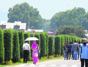 A girl protects herself from the scorching heat with an umbrella at Kashmir University in Srinagar on Thursday.