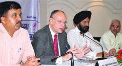 HE Gaston Stronck, Ambassador of Luxembourg, during an interactive session in Ludhiana. A Tribune Photograph 
