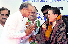 UPA chairperson Sonia Gandhi is greeted by Rajasthan CM Ashok Gehlot at Suratgarh on Thursday