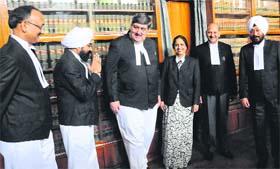 From left: Justice Surinder Gupta, Justice Jaspal Singh, Chief Justice Sanjay Kishan Kaul, Justice Anita Chaudhary, Justice Mahavir Singh Chauhan and Justice Fateh Deep Singh at the oath-taking ceremony in Chandigarh on Thursday