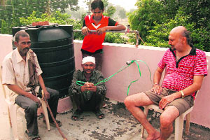 The alleged thief tied at a house in Mohali on Friday. 