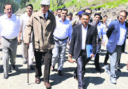 Governor NN Vohra reviews arrangements for the Amarnath yatra near Chandanwari on Friday. A Tribune photograph
