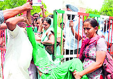 Veterinary pharmacists during a protest against the Punjab Government in Bathinda on Saturday