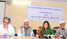 Victims and survivors of the Kunan Poshpora mass rape incidents address a press conference in Srinagar on Saturday. 
