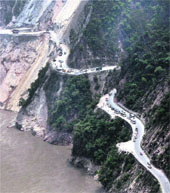 An areial view of a damaged road after the landslide in Srinagar, Uttarakhand, on Sunday.
