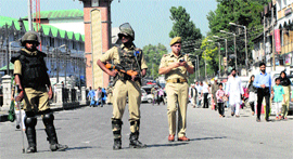 Security personnel at Lal Chowk in Srinagar on Sunday.