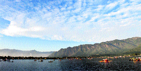 Boatmen row their shikaras at the Dal Lake in Srinagar.