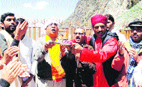 Pratham pooja being held at the holy cave shrine on Sunday.