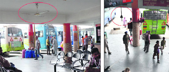 A non-functional fan; and (right) passengers sweat it out in the absence of a fan at the Shaheed Sukhdev Inter-State Bus Terminal in Ludhiana.