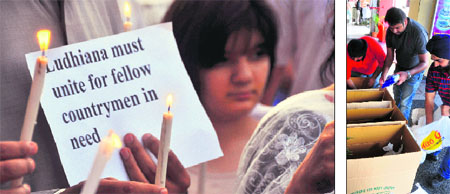 Residents take out a candle-lit march for the victims of Uttarakhand floods in Ludhiana on Sunday; and (right) volunteers collect relief material at the Sarabha Nagar market.