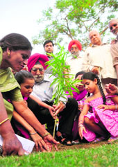 A sapling being planted during the environment awareness campaign organised by the Bharat Jan Gyan Vigyan Jatha in Ludhiana on Sunday.