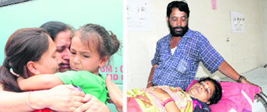 Flood victims Harpreet Kaur and her son Bismandeep from Amritsar break down after meeting their relative at the Sector 43 ISBT; and (right) another flood victim Saroj Bala at the GMSH-16 in Chandigarh on Monday. Tribune photos: Vicky Gharu and Pradeep Tewari 