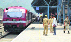 Security personnel at the Banihal railway station where the PM is to inaugurate the Banihal-Qazigund railway link.