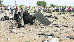 The debris of a MIG 29 that crashed in Jamnagar, Gujarat, on Monday