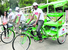 Dial-a-cycle-rickshaws that were launched in Chandigarh on Tuesday. 