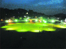 The Kangra municipal stadium shines under floodlights errected by the Jai Maa Bajjreshwari Cricket Club, Kangra, for organising evening cricket matches. 