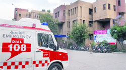 A 108 Ambulance at the Civil Hospital in Jalandhar. Tribune photo: Malkiat Singh