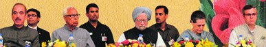 Prime Minister Manmohan Singh along with UPA chairperson Sonia Gandhi, Governor NN Vohra, Chief Minister Omar Abdullah and Union Health Minister Ghulam Nabi Azad at the Sher-e-Kashmir International Conference Centre on Tuesday