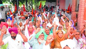 Activists of the Jamhuri Kisan Sabha and Border Area Sangharsh Committee hold a protest in Amritsar on Wednesday