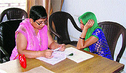 Commissioner Neelam Pradeep Kasni (left) questions a woman candidate caught cheating during the HTET in Fatehabad on Wednesday