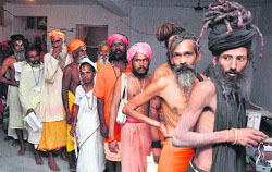 Sadhus queue up for medical examination and yatra registration in Jammu on Wednesday. Tribune photo: Anand Sharma 