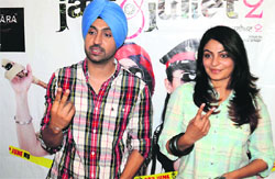 Star cast of Punjabi film Jatt and Juliet 2 poses for a photograph during the promotion of their film in Ludhiana. Photo: Inderjeet Verma