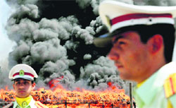 Policemen stand in front of a pile of seized narcotics set on fire on International Day Against Drug Abuse and Illicit Trafficking, in Tehran on Wednesday. Iran has burnt at least 100 tons of illicit drugs in its fight against drug smuggling.  AP/PTI