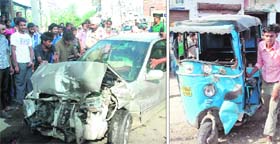 The car that met with an accident; and (right) a damaged autorickshaw which was hit at Mattaur village in Mohali on Thursday