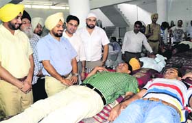 Deputy Commissioner Tejinder Pal Singh Sidhu at the blood donation camp in Mohali on Thursday