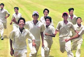 Members of the city cricket team in a jubilant mood after winning the Inter-District Cricket Tournament in Chandigarh on Thursday