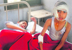 The injured students of Air Force School, Kalpi, under treatment at the Ambala Cantt Civil Hospital on Thursday. Photo: Dev Dutt Sharma 