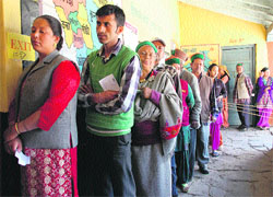 People stand in a queue to cast their votes in Kinnaur on Thursday. Photo: Jai Kumar